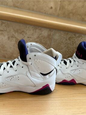 Retro Jordan’s 7 Kids (5Y) White Sneakers with Purple and Pink Accents